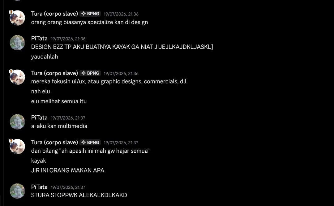 Discord chat where Ditha explains she does all multimedia work instead of specializing