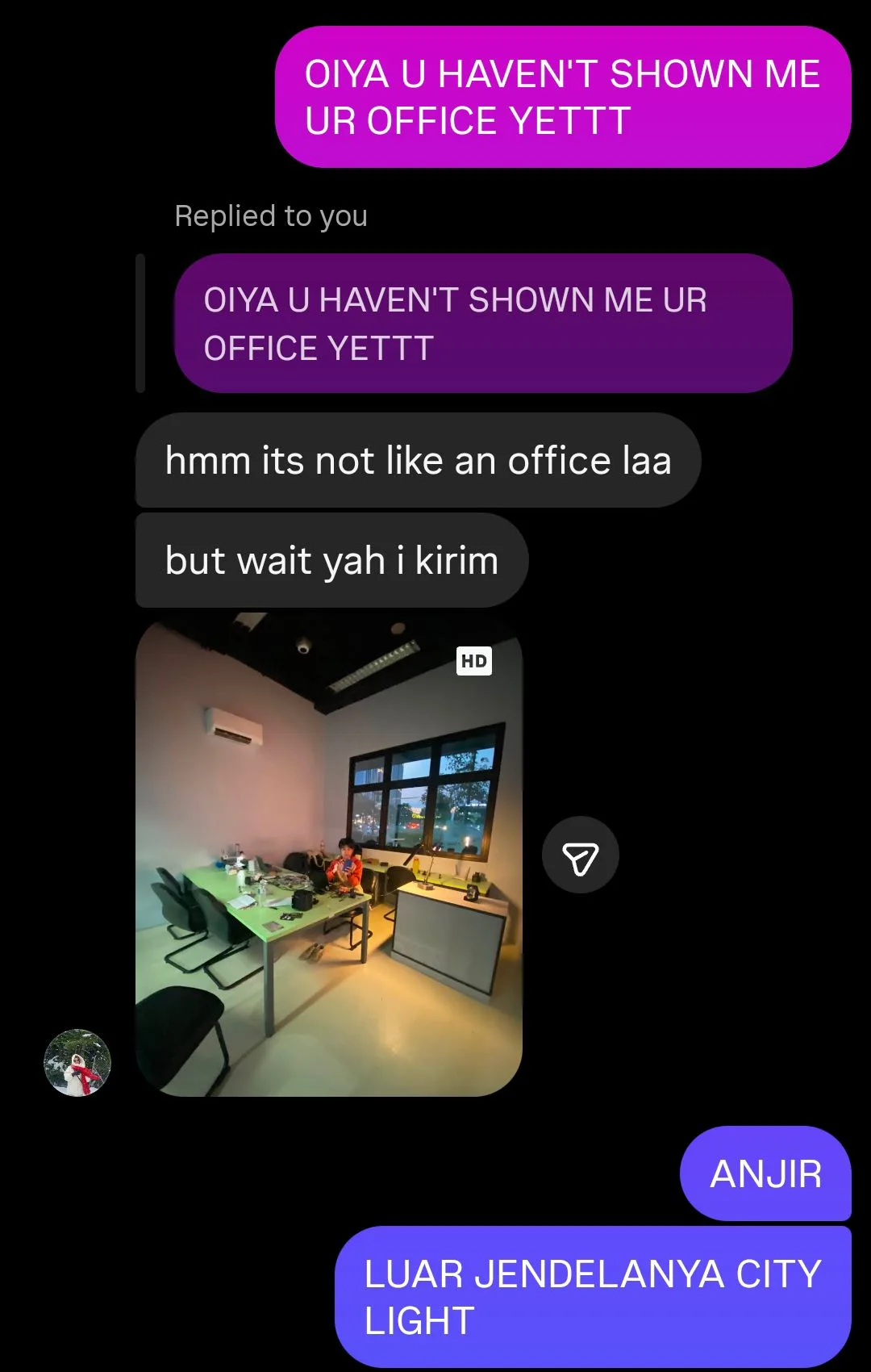 Instagram DMs about the office at night, desk lamp on, sitting mojok